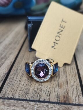 Monet Gold-Tone Strech Ring with Purple Center and Blue Accent Stones